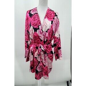 Victorias Secret Vintage Silk Robe Kimono One Size Gold Label Belted Floral Pink